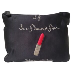 Lulu Guinness Black Satin Cosmetic Bag Embroidered Lipstick Glamour Girl Vintage